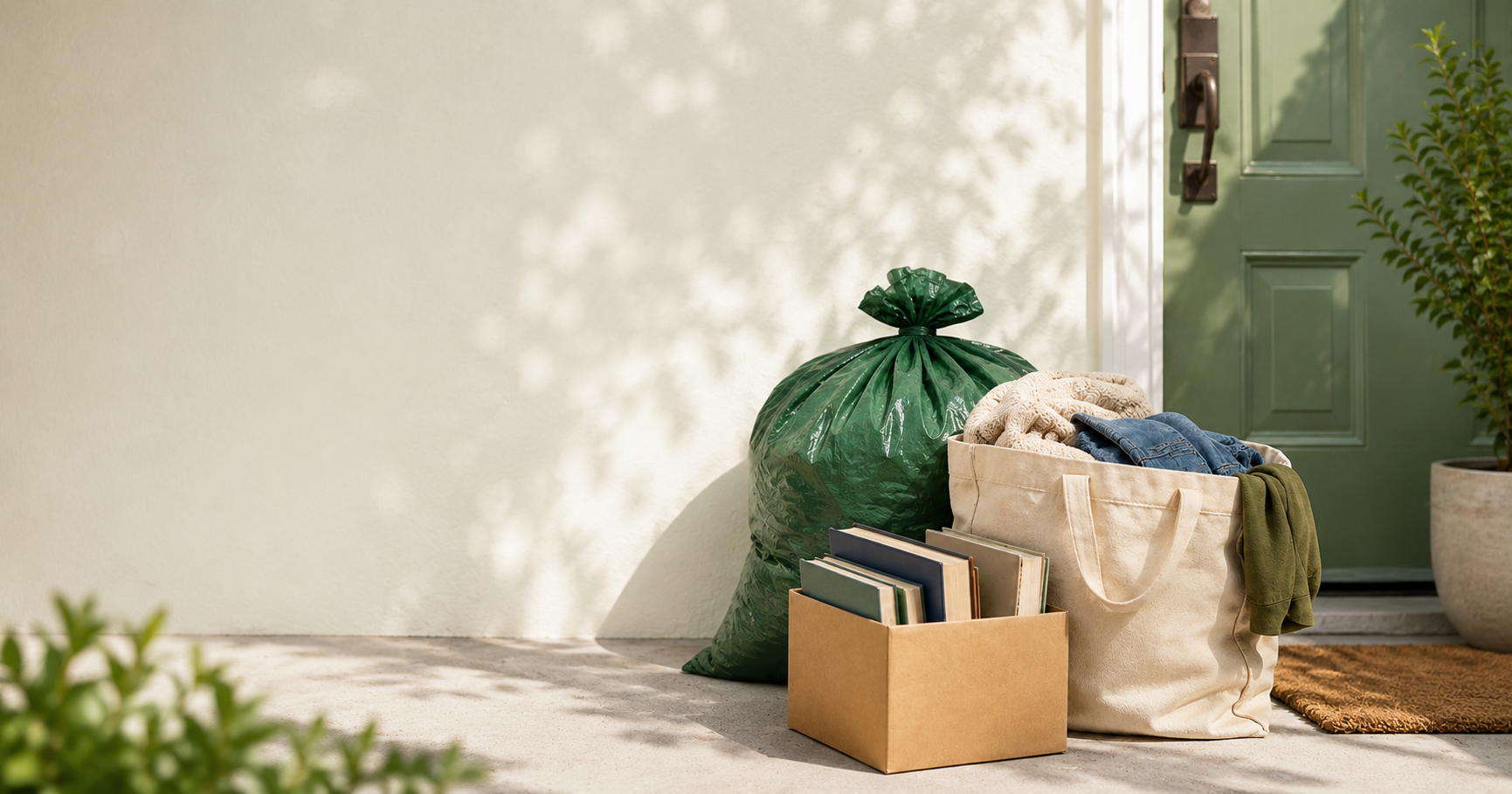 Door with bags of clothes, books, and shoes on porch